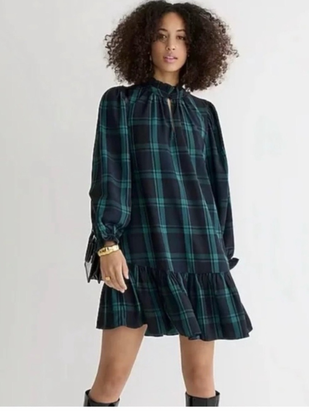 J. Crew Black and Dark Green Plaid Ruffle-Hem Mini Dress